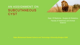 AN ASSIGNMENT ON
SUBCUTANEOUS
CYST
Dept. Of Medicine , Surgery & Obstetrics
Faculty of Veterinary and Animal
Science
Hajee Mohammad Danesh Science and Technology University,Dinajpur-5200
.
 