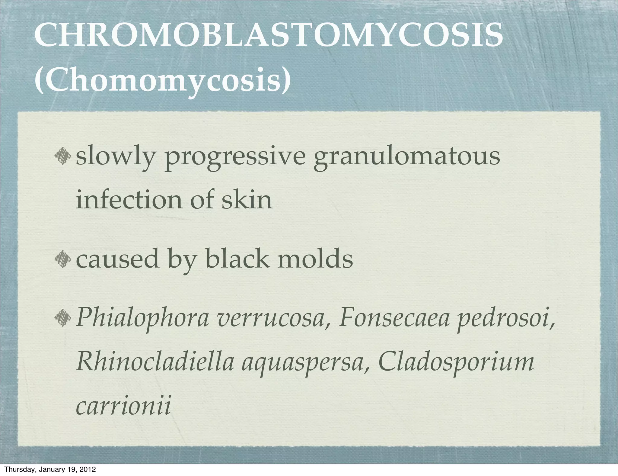 CHROMOBLASTOMYCOSIS
        (Chomomycosis)

                    slowly progressive granulomatous
                    infection of skin

                    caused by black molds

                    Phialophora verrucosa, Fonsecaea pedrosoi,
                    Rhinocladiella aquaspersa, Cladosporium
                    carrionii

Thursday, January 19, 2012
 