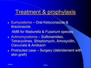 smsmc micro
Treatment & prophylaxis
 Eumycetoma – Oral Ketoconazole &
Itraconazole
AMB for Madurella & Fusarium species.
 Actinomycetoma – Sulfonamides,
Tetracyclines, Streptomycin, Amoxycillin,
Clavunate & Amikacin
 Protracted case – Surgery (debridement with
skin graft)
 