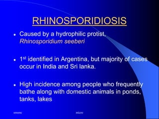 smsmc micro
RHINOSPORIDIOSIS
 Caused by a hydrophilic protist,
Rhinosporidium seeberi
 1st identified in Argentina, but majority of cases
occur in India and Sri lanka.
 High incidence among people who frequently
bathe along with domestic animals in ponds,
tanks, lakes
 