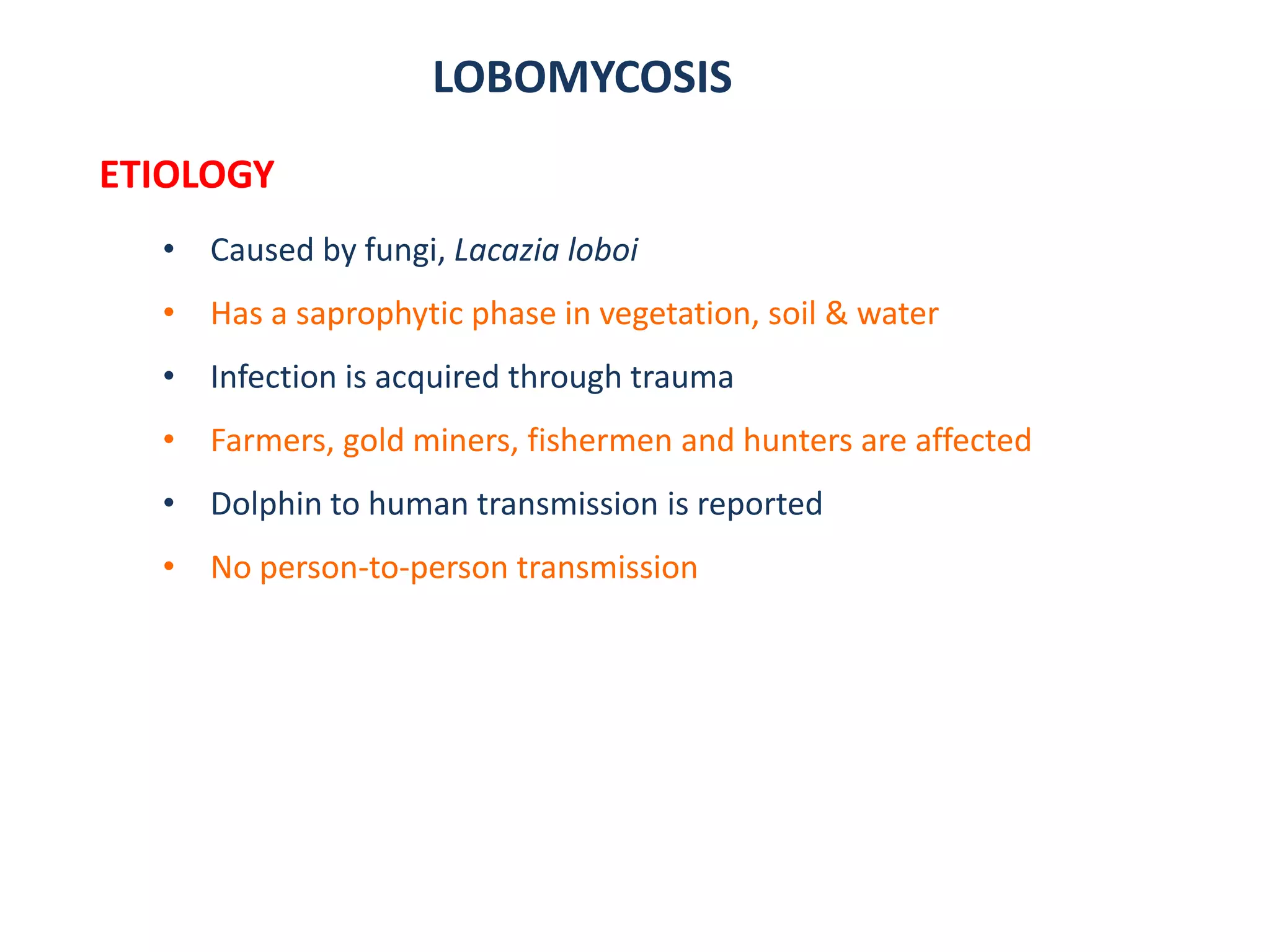 LOBOMYCOSIS
ETIOLOGY
• Caused by fungi, Lacazia loboi
• Has a saprophytic phase in vegetation, soil & water
• Infection is acquired through trauma
• Farmers, gold miners, fishermen and hunters are affected
• Dolphin to human transmission is reported
• No person-to-person transmission
 