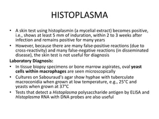 HISTOPLASMA
• A skin test using histoplasmin (a mycelial extract) becomes positive,
i.e., shows at least 5 mm of induration, within 2 to 3 weeks after
infection and remains positive for many years
• However, because there are many false-positive reactions (due to
cross-reactivity) and many false-negative reactions (in disseminated
disease), the skin test is not useful for diagnosis
Laboratory Diagnosis:
• In tissue biopsy specimens or bone marrow aspirates, oval yeast
cells within macrophages are seen microscopically
• Cultures on Sabouraud's agar show hyphae with tuberculate
macroconidia when grown at low temperature, e.g., 25°C and
yeasts when grown at 37°C
• Tests that detect a Histoplasma polysaccharide antigen by ELISA and
Histoplasma RNA with DNA probes are also useful
 