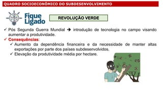 QUADRO SOCIOECONÔMICO DO SUBDESENVOLVIMENTO
 Pós Segunda Guerra Mundial  introdução de tecnologia no campo visando
aumentar a produtividade.
 Consequências:
de manter altas
 Aumento da dependência financeira e da necessidade
exportações por parte dos países subdesenvolvidos.
 Elevação da produtividade média por hectare.
REVOLUÇÃO VERDE
 