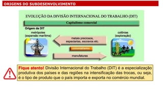 ORIGENS DO SUBDESENVOLVIMENTO
Fique atento! Divisão Internacional do Trabalho (DIT) é a especialização
produtiva dos países e das regiões na intensificação das trocas, ou seja,
é o tipo de produto que o país importa e exporta no comércio mundial.
 