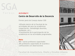 SGA Facultad de Arquitectura, Diseño y Estudios Urbanos Actividad 4  Centro de Desarrollo de la Docencia Formar parte de Consejo Asesor CDD  Difusión dentro de la Facultad de las  actividades del para los académicos  (capacitación, metodología docentes, ayudantes, etc.) Coordinación de la participación de los  académicos en las actividades programadas. Meta 90%  nuevos profesores capacitados 30% profesores capacitados de acuerdo a calificaciones con observaciones T a r e a s 