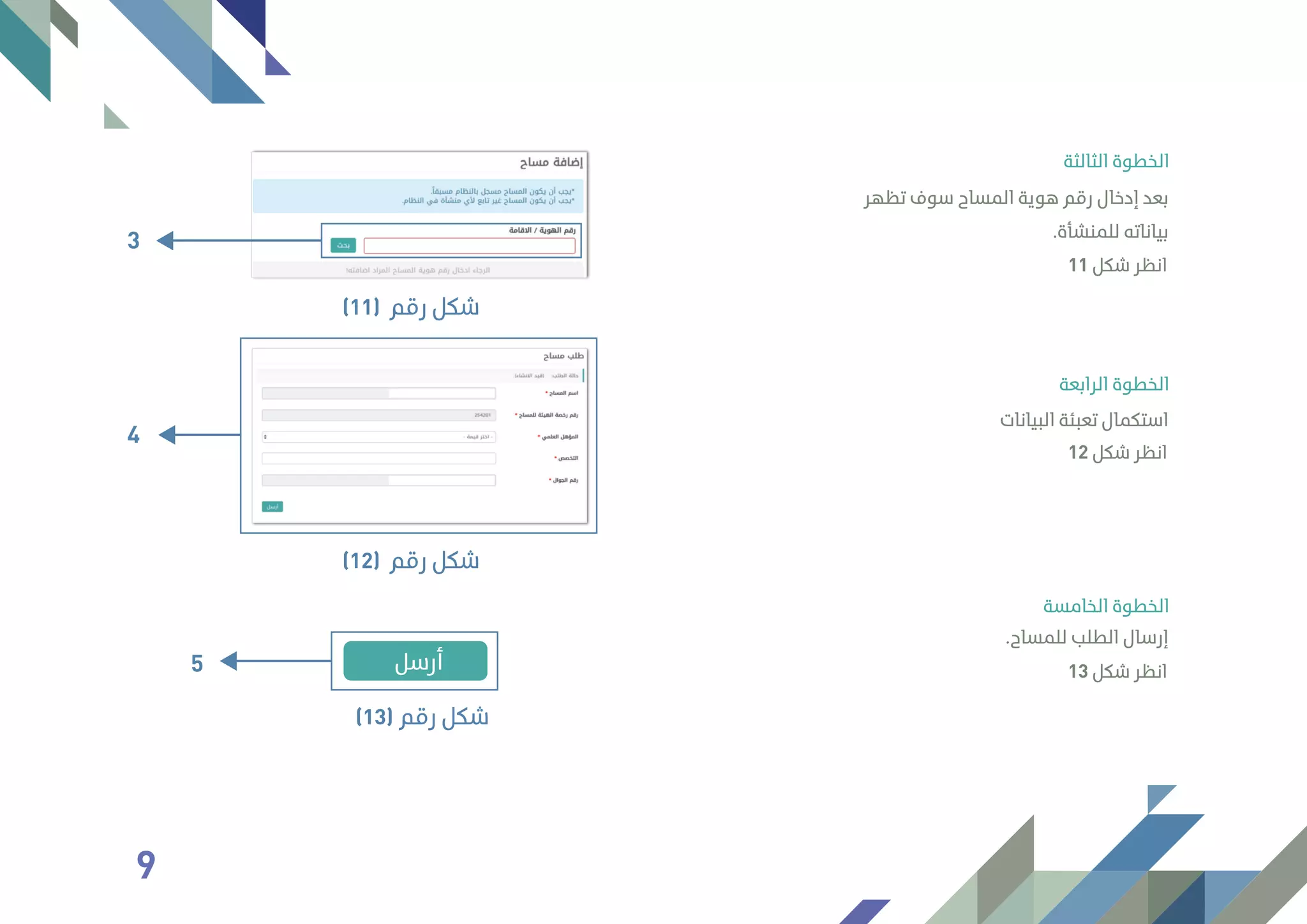 ‫اﻟﺮاﺑﻌﺔ‬ ‫اﻟﺨﻄﻮة‬
‫اﻟﺨﺎﻣﺴﺔ‬ ‫اﻟﺨﻄﻮة‬
‫اﻟﺜﺎﻟﺜﺔ‬ ‫اﻟﺨﻄﻮة‬
‫ﺗﻈﻬﺮ‬ ‫ﺳﻮف‬ ‫اﻟﻤﺴﺎح‬ ‫ﻫﻮﻳﺔ‬ ‫رﻗﻢ‬ ‫إدﺧﺎل‬ ‫ﺑﻌﺪ‬
.‫ﻟﻠﻤﻨﺸﺄة‬ ‫ﺑﻴﺎﻧﺎﺗﻪ‬
.‫ﻟﻠﻤﺴﺎح‬ ‫اﻟﻄﻠﺐ‬ ‫إرﺳﺎل‬
‫اﻟﺒﻴﺎﻧﺎت‬ ‫ﺗﻌﺒﺌﺔ‬ ‫اﺳﺘﻜﻤﺎل‬
3
‫رﻗﻢ‬ ‫ﺷﻜﻞ‬(11)
4
‫رﻗﻢ‬ ‫ﺷﻜﻞ‬(12)
12 ‫ﺷﻜﻞ‬ ‫اﻧﻈﺮ‬
13 ‫ﺷﻜﻞ‬ ‫اﻧﻈﺮ‬
11 ‫ﺷﻜﻞ‬ ‫اﻧﻈﺮ‬
5
‫رﻗﻢ‬ ‫ﺷﻜﻞ‬(13)
9
 