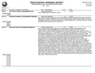 TRAVIS CENTRAL APPRAISAL DISTRICT
Abstract/Subdivison List - with Remarks and Properties 10/17/2016
Year: 2016 6:33:21AM
RPA4135 - A1
Lots AcresSub ID Description / Property Ids / Remarks Year Deed Number
C01113 4701 DUVAL STREET CONDOMINIUMS THE 2006 2005216637TR 2 0.1789
INTO 719849-719851 (0221081901-1903)
Parent Property
218428
C01114 FAIRVIEW COMMONS CONDOMINIUMS AMENDED 2006 2005176085TR 12 1.7178
INTO 719177-719189 (0300011301-1313); AMD (2005193694TR) CORRS DECLARANT FOR 2006;
AMD (2006141236TR) WORDING CHGS ONLY FOR 2007; AMD (2009171365TR) AMD TO BYLAWS
WORDING CHG ONLY FOR 2010; DEDICATORY INSTRUMENT (2011153762TR) FOR 2012; RULES
& REGULATIONS (2012003412TR) FOR 2013;Parent Property
282811
282812
282813
C01115 HIGHLAND PARK CONDOMINIUMS AMENDED 2006 2005219764TR 16 1.7590
INTO 717907-717923; AMD (2006031918TR) WRD CHG FOR 2007; MANAGEMENT CERT
(2006014062TR); AMD (2006098501TR) +12 UNTS NEW & LAND 571714-571719 INTO
728310-728321 FOR 2007;AMD (2007008024TR) +22 UNITS FOR 2008; AMD (2007074126TR) +10
UNITS & LT 1-4 BLK CC, LT 1-4 BLK DD, LT 1-3 BLK EE PHS A SEC 2B, LT 1-2 BLK AA & LT 1-3 BL
BB HIGHLAND PARK PHS A SEC 1 FOR 2008, AMD (2007104659TR) WRD CHG ONLY, AMD
(2007104971TR) REMOVE LTS 1 & 2 BL CC HIGHLAND PARK PHS A SEC 2B & UNITS 409-1, 409-2
413-1 & 413-2 FOR 2008, AMD (2007126046TR) WRD CHG FOR 2008; AMD (2007200576TR) +28
UNITS NEW & CHG % INT ON ALL UNITS FOR 2008 SEE 764162-764189; 9TH AMD
(2008005717TR) -22 UNITS INTO COMMON ELEMENT (9TH AMD DELETES 22 UNITS BUT
AMENDMENTS 10-13 RECREATES THE SAME UNITS EXCEPT 617-1 & 617-2 THAT REMAINS
DELETED) 10TH AMD (2008072296TR) +6 UNITS NEW & CHG % INT FOR 2009; 11TH AMD
(2008092618TR) +6 UNITS NEW & CHG % INT FOR 2009; 12TH AMD (2008146474TR) +4 UNITS
NEW & CHG % INT FOR 2009; 13TH AMD (2008147347TR) +4 UNITS NEW & CHG % INT FOR 2009;
RULES & REGULATIONS (2009061575TR) FOR 2010; AMD (2009097683TR) + 4 UNITS NEW & +LT
2&3 BLK S HIGHLAND PARK PHS D SEC 1 & CHG % ON ALL FOR 2010-SEE 785115-118 FOR 2010
; AMD (2009146199TR) +4UNITS NEW & 773572, 785795 (.4374AC) CHG % ON ALL FOR 2010-SEE
785792-95; AMD (2009148379TR) + 4 UNITS NEW & +.3766A OUT OF 773566-67 FOR 2010 -SEE
786006-009; AMD (2010139768TR) AMD DECLARATION FOR 2011; 18th AMD (2010186084TR) AMD
UNITS 18524-1 & 18524-2, CORRECTING LOCATION ON PLAT ONLY; AMD 19TH (2012061806TR)
ADJ % INT & LAND FOR 2013 SEE 818161-162; AMD (2014087248TR) CHG MAX BUILD OUT FROM
350 UNITS TO 96 UNITS FOR 2015;Parent Property
571736
571737
571738
571739
571740
571741
571742
571743
Page 109 of 1831
 