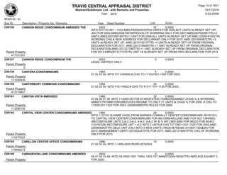 TRAVIS CENTRAL APPRAISAL DISTRICT
Abstract/Subdivison List - with Remarks and Properties 10/17/2016
Year: 2016 6:33:20AM
RPA4135 - A1
Lots AcresSub ID Description / Property Ids / Remarks Year Deed Number
C00136 CANNON RIDGE CONDOMINIUM AMENDED THE 2003 32 0.0000
INTO 0417151401 - 1433;AMD(TR2004023370)3 UNITS FOR 2005,BUT UNITS ALREADY SET UP/
JDO FOR 2003;AMD(2006198108TR)CHG OF WORDING ONLY FOR 2007;AMD(2007022861TR)+2
UNITS,AMD(2007090189TR)+1 UNIT FOR 2008,ALL UNITS ALREADY SET UP;AMD (2009161502TR)
WORDING CHG & NEW ADDRESS FOR DECLARANT ONLY FOR 2010; AMD (2010040872TR) +3
UNITS ALREADY SET UP, AMD (2010102747TR) +4 UNITS ALREADY SET UP FROM ORGINIAL
DECLARATION FOR 2011; AMD (2012165093TR) +1 UNIT ALREADY SET UP FROM ORGINIAL
DECLARATION,AMD (2012217867TR) +1 UNIT ALREADY SET UP FROM ORGINIAL DECLARATION
FOR 2013;AMD(2013171375TR) UNIT 18 ALREADY SET UP FROM ORG DECLARATION FOR 2014Parent Property
417151301
C00137 CANNON RIDGE CONDOMINIUM THE 2003 0 0.0000
LEGAL HISTROY ONLY;
Parent Property
0
C00138 CANTERA CONDOMINIUMS 1983 4 0.0000
01 02 03 04; INTO 0111040935;# CHG TO 111041501-1505 FOR 2003;
Parent Property
111040935
C00139 CANTERBURY COMMONS CONDOMINIUMS 1984 24 0.0000
01 02 03 04; INTO 413110602;# CHG TO 413111101-1125 FOR 2003;
Parent Property
413110601
C00141 CANYON VISTA AMENDED 1988 32 0.0000
03 04 08 27 39; INTO 113280126 FOR 87-RESTATED;(10480/292)AMNDT CHGS % & WORDING;
AMNDT(TR1999015293)REDUCES REGIME TO ONLY 21 UNITS & CHGS % FOR 2000; # CHG TO
113281201-1222 FOR 2003; (2008008855TR) RULES FOR 2009;Parent Property
113280126
C00143 CAPITAL VIEW CENTER CONDOMINIUMS AMENDED 1984 26 0.0000
INTO 111210114;NAME CHGD FROM BARNES-CONNALLY CENTER CONDOMINIUMS (8374/161)
TO CAPITAL VIEW CENTER CONDOMINIUMS FOR 88(10569/483);2ND AMD FOR 92(11394/683)
(RECONFIGURE UNTS 2-A-2,3-A-2, 4-A-2, 5-A-2 SF & % INT);3RD AMD FOR 95(DO FOR 95/AC)
(12416/328) RECONFIGURE UNT 1-A-2 INTO 2 UNTS;# CHG TO 109211301-1320 FOR 2003;AMD
(2009064427TR) DELE UNIT 2-B-3 INTO 2 NEW UNITS (784257&784258) (0109211325&26) FOR
2010; MANAGEMENT CERTI (2010022470TR) FOR 2011; AMD (2012194915TR) CHG OF WORDING
ONLY FOR 2013;Parent Property
110270522
C00145 CARILLON CENTER OFFICE CONDOMINIUMS 1986 15 0.0000
01 02 03 04; INTO 1-1905-0224 RCRD 9215/553
Parent Property
119050212
C00146 CARNARVON LANE CONDOMINIUMS AMENDED 2003 0 0.0000
0A 01 02 03 68; INTO 04-0500-1001 THRU 1003;1ST AMNDT(2004182247TR) REPLACE EXHIBIT C
FOR 2005;Parent Property
Page 14 of 1831
 