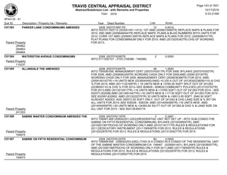 TRAVIS CENTRAL APPRAISAL DISTRICT
Abstract/Subdivison List - with Remarks and Properties 10/17/2016
Year: 2016 6:33:21AM
RPA4135 - A1
Lots AcresSub ID Description / Property Ids / Remarks Year Deed Number
C01383 PARKER LANE CONDOMINIUMS AMENDED 2008 2007073951TR 12 0.8419
INTO 763701-763713 (303051401-1413); 1ST AMD (2009010489TR) REPLACE MAPS & PLANS FOR
2010; 2ND AMD (2009046454TR) REPLACE MAPS, PLANS & BLDG NUMBERS WITH UNITS FOR
2010; CORR 1ST AMD (2009061306TR) REPLACE MAPS & PLANS FOR 2010; (2009066741TR)
PLAT PLANS FOR CONDOMINIUM ONLY FOR 2010; AMD (2012025342TR) CHG OF WORDING
FOR 2013;Parent Property
284862
284863
284864
C01384 WATERSTON AVENUE CONDOMINIUMS 2008 2007074299TR 2 0.0000
INTO 0111042101 - 2103 (748386 - 748388)
Parent Property
110237
C01385 ALLANDALE THE AMENDED 2008 2007074300TR 48 1.2640
INTO 750008-056; MANAGEMENT CERT (2007074301TR) FOR 2008; BYLAWS (2007074302TR)
FOR 2008; AMD (2008062259TR) WORDING CHGS ONLY FOR 2009;AMD (2008120735TR)
WORDING CHGS ONLY FOR 2009; MANAGEMENT CERT (2009036396TR) FOR 2010; AMD
(2009140142TR) +16 UNITS NEW (0239040450-0465) +0.335 A OUT OF 241263(0238050110) & CHG
% FOR 2010; AMD (2011122169TR) + 16 UNITS NEW & 13765.00 SQFT SPLIT OUT OF 241263
(0238050110) & CHG % FOR 2012--SEE 809609 - 809624;COMMUNITY POLICIES (2012103752TR)
FOR 2013;AMD (2013010417TR) +16 UNITS NEW & +13765 SQFT OUT OF 241263 FOR 2014 - SEE
832571-832586,AMD (2013091447TR) +16 UNITS NEW & +17135 SQFT OUT OF 241263 FOR 2014 -
SEE 832587-832602; AMD (2013222275TR) 32 UNITS NEW & +38513.00 SQFT, 2940.50 SQFT
ALREADY ADDED, ADD 355572.50 SQFT ONLY, OUT OF 241263 & CHG LAND SIZE & % INT ON
ALL UNITS FOR 2014--SEE 838308 - 838339; AMD (2014054489TR) +16 UNITS NEW, AMD
(2014054559TR) +20 UNITS NEW & +24393.60 SQ FT OUT OF 241263 & CHG % & LAND SIZE ON
ALL UNIT FOR 2015 - SEE 854139-854174Parent Property
241263
C01386 SABINE MASTER CONDOMINIUM AMENDED THE 2008 2007076119TR 2 0.3467
INTO 748467-468 (206042201-2202)(RESIDENTIAL UNIT NOT SET UP - INTO SUB-CONDO-THE
SABINE ON FIFTH RESIDENTIAL CONDOMINIUM); BYLAWS (2010038505TR), AMD
(2010001367TR)CHG OF WORDING ONLY,AMD (2010119171TR) RULES & REGULATIONS FOR
2011;DEDICATORY INSTRUMENT (2011190938TR) FOR 2012; RULES & REGULATIONS
(2012022876TR) FOR 2013; RULES & REGULATIONS (2013120527TR) FOR 2014Parent Property
194674
C01387 SABINE ON FIFTH RESIDENTIAL CONDOMINIUM 2008 2007076120TR 80 0.0000
INTO 748469-548 (206042203-2282) (THIS IS A CONDO IN A CONDO OF THE RESIDENTIAL UNIT
OF THE SABINE MASTER CONDOMINIUM-C/A 748467 (0206041401); BYLAWS (2010038507TR),
AMD (2010001368TR)CHG OF WORDING ONLY FOR 2011;AMD (2011190929TR) RULES &
REGULATIONS FOR 2012; RULES & REGULATIONS (2012022876TR) FOR 2013; RULES &
REGULATIONS (2013120527TR) FOR 2014Parent Property
194674
Page 143 of 1831
 