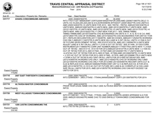 TRAVIS CENTRAL APPRAISAL DISTRICT
Abstract/Subdivison List - with Remarks and Properties 10/17/2016
Year: 2016 6:33:21AM
RPA4135 - A1
Lots AcresSub ID Description / Property Ids / Remarks Year Deed Number
C01717 AVIARA CONDOMINIUMS AMENDED 2009 2008057604TR 20 39.4590
INTO 775317-337; MANAGEMT CERTI(2008194925TR)FOR 2009;AMD (2009071585TR) DELE 13
UNTS (1A-1D,22A-22D,24A-24D & A-5),SCRIVENERS AFFIDAVIT (2009138427TR) CHG UNITS #,
AMD (2009142835TR) +5 UNITS NEW FOR 2010 - SEE 785750 - 785754; AMD(2010051936TR)+4
UNITS NEW, AMD(2010087345TR)+3 UNITS NEW, AMD (2010106978TR)+7 UNITS NEW, AMD
(2010115972TR) +5 UNITS NEW, AMD (2010129787TR) +5 UNITS NEW, AMD (2010175181TR) +4
UNITS NEW, AMD (2010192027TR) +1 UNIT NEW FOR 2011 - SEE 799658,799660,
799662-799688;AMD (2010073309TR) CHG BOUNDARIES ON UNITS A-11, A-12, B-13 & C-6, AMD
(2010128041TR) CHG OF WORDING, AMD (2010192022TR) CHG BOUNDARIES FOR UNIT B-7 FOR
2011; REFILED DECLARATION (2011118246TR) AMD NO CHGES, AMD(2011125254TR) WORDING
CHG ONLY,AMD(2011134072TR) 8 UNITS NEW ADJ LAND & % INT ON ALL UNITS +2.1048 A OUT
OF FUTURE DEVELOPMENT 787352 - SEE 810727-810734, AMD (2011160094TR) 5 UNITS NEW
ADJUST LAND & % INT ON ALL UNITS +1.3155 A OUT OF 787352 - SEE 811499 - 811503;CORR
INSTRUMENT(2011166650TR) CORR UNIT NUMBER,AMD(2011174501TR)5 UNITS NEW +1.3155A
OUT OF 787352 - SEE 813114 - 813118 FOR 2012;AMD(2012018147TR) 8 UNTS NEW + 2.1048 AC
OUT OF 787352 FOR 2013--SEE 817940 - 817947;AMD (2012040581TR) 17 UNITS NEW &
+4.4727AC OUT OF 787352 FOR 2013--SEE 817948 - 817964;AMD (2012069708TR) 12 UNITS NEW
+ 3.1572 AC OUT OF 787352 FOR 2013--SEE 817965 - 817976; AMD (2012099961TR) 6 UNITS NEW
+1.5786 A OUT OF 787352 & ADJ %INT ON ALL UNITS FOR 2013-SEE 821300-821305; AMD
(2012143955TR) WORDING CHG ONLY, AMD (2012145002TR) CHG OF WORDING ONLY,AMD
(2012210554TR) WORDING CHG ONLY FOR 2013;AMD (2013035480TR) RECONFI UNTS G-21 &
G-22 & REPLACE EX.B, AMD(2013069264TR)RECONFI UNT G-13 & REPLACE EX. B FOR 2014;
AMD (2014106787TR) +3.1512 AC OUT OF FUTURE DEV LAND & AC CORR/PLAT & CHG LAND
SIZE ON ALL UNITS FOR 2015; AMD (2014106787TR) WORDING CHG CAN NOT EXCEED 138
UNITS FOR 2015;Parent Property
775280
C01718 2007 EAST THIRTEENTH CONDOMINIUMS 2009 2008176433TR 2 0.0000
INTO 0208092901 - 2903 (775492 - 775494);MANAGEMENT CERTI (2013087550TR) FOR 2014
Parent Property
197315
C01719 ALTAVIDA MASTER CONDOMINIUM 2007 2006143305TR 2 0.0000
PRIOR YEAR LEGAL NAME CHG ONLY (SEE ALTAVIDA MASTER CONDOMINIUM AMENDED FOR
INFO0Parent Property
0
C01720 WEST VILLAGGIO TOWNHOMES CONDOMINIUMS 2009 2008182091TR 13 0.0000
INTO 0113061401 - 1414 (777626 - 777639); AMD (2008197643TR) ADDED APPENDIZ A-G FOR
2009; AMD(2010053483TR) NAME CHG TO 2505 ENFIELD TOWNHOMES CONDOMINIUMS FOR
2011Parent Property
112857
C01721 1209 JUSTIN CONDOMINIUMS THE 2009 2008182925TR 2 0.2070
INTO 776778-780 (231081801-1803)
Parent Property
232182
Page 186 of 1831
 