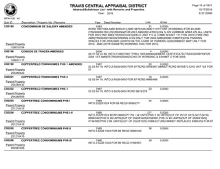 TRAVIS CENTRAL APPRAISAL DISTRICT
Abstract/Subdivison List - with Remarks and Properties 10/17/2016
Year: 2016 6:33:20AM
RPA4135 - A1
Lots AcresSub ID Description / Property Ids / Remarks Year Deed Number
C00195 CONDOMINIUM DE SALIGNY AMENDED 1983 21 0.0000
RCRD 7907/283;AMD 8093/412;AMD 8870/405;AMD 11817/1097 (WORDING) FOR 93;AMD
(TR2000063160) (WORDING)FOR 2001;AMD(8514/550)CHG % ON COMMON AREA ON ALL UNITS
FOR 2003;2ND AMD(TR2002234332)DELE UNIT 112 & COMB W/UNIT 111 FOR 2003;CORR 2ND
AMD(TR2003021549)WORDING CHG ONLY FOR 2004;AMD(2008011989TR)CHG PARKING
SPACES FOR 2009;AMD (2009191047TR) CORR OF PARKING ASSIGNMENT MAP ONLY FOR
2010; AMD (2015103584TR) WORDING CHG FOR 2016;Parent Property
109010704
C00196 CONDOS DE TRACEN AMENDED 2004 4 0.0000
0A 01 02 03 68; INTO 0108031901 THRU 1905;MANAGEMENT CERTIFICATE(TR2003249979)FOR
2004 1ST AMNDT(TR2003253502)CHG OF WORDING & EXHIBIT C FOR 2004;Parent Property
108031117
C00199 COPPERFIELD TOWNHOMES PHS 1 AMENDED 1987 20 0.0000
02 03 04 19; INTO 2-5428-0455 FOR 87 RCRD 9554/667;AMNDT RCRD 9676/873 CHG UNT %S FOR
87Parent Property
254280422
C00201 COPPERFIELD TOWNHOMES PHS 2 1987 18 0.0000
02 03 04 19; INTO 2-5428-0455 FOR 87 RCRD 9666/466
Parent Property
254280432
C00202 COPPERFIELD TOWNHOMES PHS 3 1987 20 0.0000
02 03 04 19; INTO 2-5428-0455 RCRD 9819/378
Parent Property
254280505
C00203 COPPERTREE CONDOMINIUMS PHS I 1985 34 0.0000
INTO 252281024 FOR 85 RECD 8956/277
Parent Property
251210415
C00204 COPPERTREE CONDOMINIUMS PHS I-V 1985 217 0.0000
INTO 252281024 RCRD 8956/277 PH I 34 UNTS;PHS II 36 UNTS(OUT OF 25121 0415,0417-0418)
8956/340;PHS III 39 UNTS(OUT OF 252281025)9168/901;PHS IV 42 UNITS(OUT OF 252281025)
9134/565;PHS V 66 UNITS(OUT OF 252281025) 9388/227;2ND AMNDT REPLACES 9388/252 FOR 87Parent Property
251210415
C00205 COPPERTREE CONDOMINIUMS PHS II 1985 36 0.0000
INTO 2-5228-1024 FOR 85 RECD 8956/340
Parent Property
251210415
C00206 COPPERTREE CONDOMINIUMS PHS III 1986 39 0.0000
INTO 2-5228-1024 FOR 86 RECD 9168/901
Parent Property
252281025
Page 19 of 1831
 