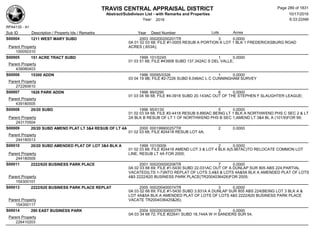TRAVIS CENTRAL APPRAISAL DISTRICT
Abstract/Subdivison List - with Remarks and Properties 10/17/2016
Year: 2016 6:33:22AM
RPA4135 - A1
Lots AcresSub ID Description / Property Ids / Remarks Year Deed Number
S00004 1211 WEST MARY SUBD 2003 000200200201TR 3 0.0000
0A 01 02 03 68; FILE #1-0005 RESUB A PORTION A LOT 1 BLK 1 FREDERICKSBURG ROAD
ACRES (.653A);Parent Property
100050310
S00005 151 ACRE TRACT SUBD 1999 101/0245 1 0.0000
01 03 51 68; FILE #43908 SUBD 137.342AC S DEL VALLE;
Parent Property
439080403
S00006 15300 ADDN 1996 00095/0326 1 0.0000
03 04 19 9B; FILE #2-7226 SUBD 6.046AC L C CUNNINGHAM SURVEY
Parent Property
272260610
S00007 1626 PARK ADDN 1998 99/0290 6 0.0000
01 03 04 56 68; FILE #4-3918 SUBD 20.143AC OUT OF THE STEPHEN F SLAUGHTER LEAGUE;
Parent Property
439180505
S00008 20/20 SUBD 1996 95/0130 5 0.0000
01 02 03 04 68; FILE #2-4418 RESUB 9.890AC BEING LT 1 BLK A NORTHWEND PHS C SEC 2 & LT
2A BLK B RESUB OF LT 1 OF NORTHWEND PHS B SEC 1;AMEND LT 3&4 BL A (101/9)FOR 99;Parent Property
243170504
S00009 20/20 SUBD AMEND PLAT LT 3&4 RESUB OF LT 4A 2000 000199900257TR 2 0.0000
01 02 03 68; FILE #24418 RESUB LOT 4A;
Parent Property
244180513
S00010 20/20 SUBD AMENDED PLAT OF LOT 3&4 BLK A 1999 101/0009 2 0.0000
01 02 03 68; FILE #24418 AMEND LOT 3 & LOT 4 BLK A(5.967AC)TO RELOCATE COMMON LOT
LINE, RESUB LT 4A FOR 2000;Parent Property
244180509
S00011 2222/620 BUSINESS PARK PLACE 2001 000200000206TR 7 0.0000
0A 02 03 68 69; FILE #1-5430 SUBD 22.031AC OUT OF A DUNLAP SUR 805 ABS 224;PARTIAL
VACATED(LTS 1-7)INTO REPLAT OF LOTS 3,4&5 & LOTS 4A&5A BLK A AMENDED PLAT OF LOTS
4&5 2222/620 BUSINESS PARK PLACE(TR2004036426)FOR 2005;Parent Property
154300101
S00013 2222/620 BUSINESS PARK PLACE REPLAT 2005 000200400074TR 3 0.0000
0A 03 02 68 69; FILE #1-5430 SUBD 3.831A A DUNLAP SUR 805 ABS 224(BEING LOT 3 BLK A &
LOT 4A&5A BLK A AMENDED PLAT OF LOTS OF LOTS 4&5 2222/620 BUSINESS PARK PLACE
VACATE TR2004036425&26);Parent Property
154300117
S00014 290 EAST BUSINESS PARK 2004 000200300003TR 3 0.0000
0A 03 34 68 72; FILE #22641 SUBD 18.744A W H SANDERS SUR 54;
Parent Property
226410203
Page 289 of 1831
 
