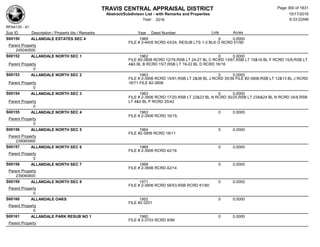TRAVIS CENTRAL APPRAISAL DISTRICT
Abstract/Subdivison List - with Remarks and Properties 10/17/2016
Year: 2016 6:33:22AM
RPA4135 - A1
Lots AcresSub ID Description / Property Ids / Remarks Year Deed Number
S00150 ALLANDALE ESTATES SEC 4 1969 0 0.0000
FILE # 2-4405 RCRD 43/24, RESUB LTS 1-3 BLK O RCRD 51/90
Parent Property
245040500
S00152 ALLANDALE NORTH SEC 1 1962 0 0.0000
FILE #2-3808 RCRD 12/76,RSB LT 24-27 BL C RCRD 13/67,RSB LT 15&16 BL F RCRD 15/8,RSB LT
4&5 BL B RCRD 15/7,RSB LT 19-22 BL D RCRD 16/16Parent Property
0
S00153 ALLANDALE NORTH SEC 2 1963 0 0.0000
FILE # 2-3906 RCRD 15/91,RSB LT 2&38 BL J RCRD 35/36 FILE #2-3906;RSB LT 12&13 BL J RCRD
16/71 FILE #2-3808Parent Property
0
S00154 ALLANDALE NORTH SEC 3 1963 0 0.0000
FILE # 2-3906 RCRD 17/20,RSB LT 22&23 BL N RCRD 30/25,RSB LT 23A&24 BL N RCRD 34/8,RSB
LT 4&5 BL P RCRD 25/42Parent Property
0
S00155 ALLANDALE NORTH SEC 4 1963 0 0.0000
FILE # 2-3906 RCRD 16/15;
Parent Property
0
S00156 ALLANDALE NORTH SEC 5 1964 0 0.0000
FILE #2-3906 RCRD 18/11
Parent Property
239060900
S00157 ALLANDALE NORTH SEC 6 1969 0 0.0000
FILE # 2-3906 RCRD 42/16
Parent Property
0
S00158 ALLANDALE NORTH SEC 7 1969 0 0.0000
FILE # 2-3906 RCRD 42/14
Parent Property
239060600
S00159 ALLANDALE NORTH SEC 8 1971 0 0.0000
FILE # 2-3906 RCRD 58/53,RSB RCRD 61/80
Parent Property
0
S00160 ALLANDALE OAKS 1952 0 0.0000
FILE #2-3201
Parent Property
0
S00161 ALLANDALE PARK RESUB NO 1 1960 0 0.0000
FILE # 2-3703 RCRD 9/99
Parent Property
Page 300 of 1831
 