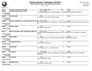 TRAVIS CENTRAL APPRAISAL DISTRICT
Abstract/Subdivison List - with Remarks and Properties 10/17/2016
Year: 2016 6:33:22AM
RPA4135 - A1
Lots AcresSub ID Description / Property Ids / Remarks Year Deed Number
S00580 AUTOZONE-MANOR ROAD SUBD 1997 97/0095 1 0.0000
01 02 03 04 68; FILE #2-2125 SUBD 2.694AC J A G BROOK & T ELDRIDGE SURVEYS
Parent Property
221250502
S00588 AVANTE PLAZA 1985 1 0.0000
01 02 03 04; FILE # 2-0604 RECRD 85/45B
Parent Property
206041909
S00590 AVENT R G SUBD NO 3 & .7AC OFLAND OF OLT 47 DIV 1997 97/0359 1 0.0000
01 02 03 04 68; FILE #2-1210 RESUB R G AVENT SUBD NO 3 & .7AC OF LAND OUT OF OLT 47 DIV
B;Parent Property
212101111
S00594 AVENUE F ADDN 1963 0 0.0000
FILE #2-2108 RCRD 16/42
Parent Property
0
S00617 AVERY SOUTH SEC 1 PHS 1 RESUB BLK A&E & PT 2002 V/0172 56 0.0000
0A 44 9F; FILE #1-9305 RESUB BLK A&E,LOTS 1 & 11-20 BLK I & LOTS 1&35 BLK J (29.632AC
TOTAL);Parent Property
190050101
S00626 AVISPA ADDN 1995 2 0.0000
03 04 07 52 83; FILE #1-1877 RECD 93/370 RESUB LT 25 BEE CAVES WEST
Parent Property
118770505
S00634 AVON HEIGHTS SEC 8 1973 0 0.0000
FILE # 1-0008 RECRD 60/71
Parent Property
0
S00635 AYDAM ADDN 1981 2 0.0000
01 02 03 04; FILE # 2-1101 RECRD 80/113
Parent Property
211010206
S00636 B & K ADDN 1997 N/0051 1 0.0000
44 5A; FILE #1-6807 RCRD IN WMSON CNTY N/51&52 SUBD 2.049AC OUT OF H RHODES
SURVEY #5Parent Property
168070606
S00637 B & W ADDN 1972 0 0.0000
FILE # 2-4208 RCRD 52/94
Parent Property
0
S00639 B SQUARE ADDN 1974 0 0.0000
FILE # 2-0318 RECRD 65/79
Parent Property
Page 328 of 1831
 