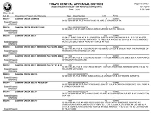 TRAVIS CENTRAL APPRAISAL DISTRICT
Abstract/Subdivison List - with Remarks and Properties 10/17/2016
Year: 2016 6:33:23AM
RPA4135 - A1
Lots AcresSub ID Description / Property Ids / Remarks Year Deed Number
S02257 CANYON CREEK CAMPUS 2001 000200000229TR 1 0.0000
0A 02 03 68 69 8A; FILE #1-5937 SUBD 16.33AC C JERGIN SUR 74;
Parent Property
167270257
S02258 CANYON CREEK RESERVE ONE 2001 000200000024TR 1 0.0000
02 03 68 69; FILE #1-5937 SUBD 24.00AC C JERGIN SUR 704 ABS 446;
Parent Property
159370238
S02259 CANYON CREEK SEC 1 1986 222 0.0000
03 04 57; SUBD 79.96 AC A E LIVINGSTON SUR 155 8179/114 8266/189 R R I S D FILE #1-6727
RECRD 85/150B-D,151A-B; AMENDED LTS 29&30 BLK A RCRD 90/ 261 FILE # 1-7023; AMENDED
PLAT LOTS 26&27 BLK F RCRD 91/112 FILE #1-7023Parent Property
167270216
S02260 CANYON CREEK SEC 1 AMENDED PLAT LOTS 26&27 1993 1 0.0000
02 03 04 5A 8A; FILE # 1-7023 RCRD 91/112 AMEND LOTS 26 & 27 BLK F FOR THE PURPOSE OF
REMOVING THE DIVIDING LOT LINEParent Property
170230701
S02261 CANYON CREEK SEC 1 AMENDED PLAT LOTS 29&30 1993 1 0.0000
03 04 5A 02 8A; FILE # 1-7023 RCRD 90/261 11117/1266 AMEND LOTS 29&30 BLK A FOR PURPOS
OF RELOCATING LOT LINEParent Property
170230105
S02262 CANYON CREEK SEC 1 AMENDED PLAT LT 21 & 22 1990 2 0.0000
02 03 04 5A 8A; FILE # 1-7021;RECD 88/347;11037/1251,11038/1026; AMENDED LOTS 21 & 22 TO
RELOCATE LOT LINESParent Property
170210634
S02263 CANYON CREEK SEC 10 2000 000199900132TR 1 0.0000
02 03 68 69 8A; FILE #16737 SUBD 22.5AC A E LIVINGSTON & W P MOORE SURVEYS;
Parent Property
167370412
S02264 CANYON CREEK SEC 10 RESUB OF 2001 000200000242TR 2 0.0000
0A 02 03 68 69 8A; FILE #1-6737 RESUB 23.20AC LT 1 BLK A CANYON CREEK SEC 10 & .700AC A
E LIVINGSTON SUR 455;Parent Property
167370501
S02265 CANYON CREEK SEC 11 2002 000200100002TR 21 0.0000
0A 02 03 5A 68 69 8A; FILE #1-6625 SUBD 11.40AC A E LIVINGSTON SUR 455 & A E LIVINGSTON
SUR 155;Parent Property
167270262
S02266 CANYON CREEK SEC 17 1994 72 0.0000
02 03 04 5A 8A; FILE #1-6623 RECD 92/210-211 11513/136-145 SUBDIVIDE 20.887AC A E
LIVINGSTON SURVEY;AMEND LTS 1-16&19 BL L, LTS 1,2&5 BL K,LTS 5-9 BL M, LTS 5&6 BL P,
LTS 4,9,10&18 BL N RECD 93/162-163 FILE #1-6823; AMEND LT 1 BL O & LT 18 BL L(97/150)FOR
97 FILE #16825;Parent Property
Page 418 of 1831
 