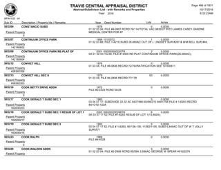 TRAVIS CENTRAL APPRAISAL DISTRICT
Abstract/Subdivison List - with Remarks and Properties 10/17/2016
Year: 2016 6:33:23AM
RPA4135 - A1
Lots AcresSub ID Description / Property Ids / Remarks Year Deed Number
S03204 CONSTANCIO SUBD 1978 0 0.0000
01 02 03 04; FILE #4-0907 RCRD 76/114/TOTAL VAC 9835/27 INTO JAMES CASEY GARDNE
MEDICAL CENTER FOR 87Parent Property
0
S03207 CONTINUUM OFFICE PARK 1999 101/0072 1 0.0000
01 02 03 68; FILE 1-4218 SUBD 26.660AC OUT OF L LINDSEY SUR #287 & WM BELL SUR #44;
Parent Property
142180602
S03208 CONTINUUM OFFICE PARK RE-PLAT OF 2001 000200000220TR 2 0.0000
0A 01 02 03 1G 68; FILE #14509 RE-PLAT CONTINUUM OFFICE PARK(26.660AC);
Parent Property
142180604
S03212 CONVICT HILL 1976 0 0.0000
01 03 04; FILE #4-0836 RECRD 72/79//RATIFICATION SEE 10183/611
Parent Property
408360306
S03213 CONVICT HILL SEC II 1979 63 0.0000
01 03 04; FILE #4-0836 RECRD 77/178
Parent Property
408360303
S03216 COOK BETTY DRIVE ADDN 1972 0 0.0000
FILE #2-2323 RCRD 54/24
Parent Property
0
S03217 COOK GERALD T SUBD SEC 1 1985 5 0.0000
03 04 07 17; SUBDIVIDE 22.32 AC 8437/960 83/86/210 8491/708 FILE # 1-6263 RECRD
84/121D-122AParent Property
162630203
S03218 COOK GERALD T SUBD SEC 1 RESUB OF LOT 1 2003 000200200298TR 6 0.0000
0A 03 07 17 52; FILE #1-6263 RESUB OF LOT 1(13.692A);
Parent Property
162630217
S03219 COOK GERALD T SUBD SEC 2 1993 5 0.0000
03 04 07 17 52; FILE # 1-6263, 90/138-139, 11262/1105, SUBD 5.849AC OUT OF W T JOLLY
SURVEYParent Property
162630415
S03223 COOK RALPH 1969 0 0.0000
FILE #4-4028
Parent Property
0
S03226 COOK-WALDEN ADDN 1985 3 0.0000
01 02 03 04; FILE #2-2908 RCRD 85/59A 3.936AC GEORGE W SPEAR 4610/2278
Parent Property
Page 486 of 1831
 