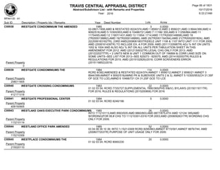 TRAVIS CENTRAL APPRAISAL DISTRICT
Abstract/Subdivison List - with Remarks and Properties 10/17/2016
Year: 2016 6:33:21AM
RPA4135 - A1
Lots AcresSub ID Description / Property Ids / Remarks Year Deed Number
C00938 WESTGATE CONDOMINIUM THE AMENDED 1985 3 0.0000
02-0801-1906;AMD & RESTATED 8224/374;AMD 1 8590/12;AMD 2 8590/21;AMD 3 8944/399;AMD 4
9092/518;AMD 5 10300/953;AMD 6 10488/721;AMD 7 11196/ 355;AMD 9 11256/864;AMD 11
11754/65;AMD 12 11907/1431;AMD 13 11954/ 1714;AMD 17(TR2000148898);AMD 18
(TR2000138882);AMD 19(TR2000148899); AMD 20(TR2001194394);AMD 21(TR2002001824); AMD
22(2006183162TR); 23RD AMD(2008061803TR)DELE UNIT 1106 & 1107 INTO UNIT 1111 FOR 2009,
AMD (2008161439TR) TO INCLUDE EX. A FOR 2009; AMD (2011133598TR) ADJ % INT ON UNITS
1002 & 1004 AND ALSO ADJ % INT ON ALL UNITS PER TABULATION SHEET IN THIS
AMENDMENT FOR 2012; AMD (2012130632TR) LEGAL CHG ONLY FOR 2013; AMD
(2012220277TR) + 2 UNITS NEW & UNIT 1 COMMON OUT OF 196884 & CORR LAND SIZE ON
SOME UNITS--SEE LIST FOR 2013--SEE 825073 - 825075; AMD (2014182053TR) RULES &
REGULATIONS FOR 2015; AMD (2015102826)/2016; CORR SCRIVENERS ERROR
(2015118852)/2016;Parent Property
0
C00939 WESTGATE CONDOMINIUMS THE 1984 114 0.0000
RCRD 8/392;AMENDED & RESTATED 8224/374;AMNDT 1 8590/12;AMNDT 2 8590/21 AMNDT 3
8944/399;AMNDT 4 9092/518(AMND PK & SUBDIVIDE UNITS 2 & 3); AMNDT 5 10300/953(CH 31.3SF
OF GCE TO LCE);AMND 6 10488/721 CH 31.2SF GCE TO LCEParent Property
208011905
C00940 WESTGATE CROSSING CONDOMINIUMS 1983 22 0.0000
01 02 03 04; RCRD 7720/727;SUPPLEMENTAL 7890/365(PHS III&IV); BYLAWS (2015011811TR)
FOR 2016; RULES & REGULATIONS (2015200806) FOR 2016Parent Property
412171318
C00941 WESTGATE PROFESSIONAL CENTER 1984 5 0.0000
01 02 03 04; RCRD 8246/196
Parent Property
409150905
C00943 WESTLAKE OAKS EXECUTIVE PARK CONDOMINIUMS 1985 26 0.0000
INTO 111210113;AMD 8563/935;AMD 8860/803;AMD 8877/875;4TH AMD 12124/ 395(AMD
WORDING)FOR 95;# CHG TO 111210301-0316 FOR 2003;AMD (2008092631TR) WORDING CHG
ONLY FOR 2009;Parent Property
113210114
C00944 WESTLAND OFFICE PARK AMENDED 1985 52 0.0000
03 04 08 09 10 39; INTO 1-1521-0309 RCRD 8295/863;AMNDT 8715/591;AMNDT 8876/744; AMD
(2008077203TR) PURPOSE OF UNIT USAGE ONLY FOR 2009;Parent Property
115210309
C00945 WESTPLACE CONDOMINIUMS THE 1984 20 0.0000
01 02 03 04; RCRD 8065/230
Parent Property
215020110
Page 85 of 1831
 