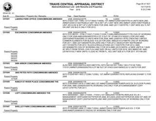 TRAVIS CENTRAL APPRAISAL DISTRICT
Abstract/Subdivison List - with Remarks and Properties 10/17/2016
Year: 2016 6:33:21AM
RPA4135 - A1
Lots AcresSub ID Description / Property Ids / Remarks Year Deed Number
C01041 LADERA PARK OFFICE CONDOMINIUMS AMENDED 2006 2005042230TR 16 0.0000
INTO 0162011301 THRU 1317(714642-714658); 1ST AMNDT(2005100675TR)+4 UNITS NEW,2ND
AMNDT(2005121342TR)DELE UNIT 100 & SET UP 2 UNIT NEW,3RD AMNDT (2005172857TR)DELE
UNIT 200 & 204 & SET UP 4 UNITS NEW FOR 2006; AMD (2011134076TR) 1 UNIT NEW ADJ % INT
ON UNIT 202 BLD A ONLY FOR 2012;Parent Property
160144
C01042 ESCONDERA CONDOMINIUM AMENDED 2006 2005047276TR 57 0.0000
INTO 0101380701 - 0758 (713327-713335,713338-713386);AMD(2005053771TR) CHG OF WORDING
ONLY FOR 2006;AMD(2006246075TR)+LOT 5 OUT OF 101489 (0101400201) FOR 2007;AMD
(2007030955TR)ADDING 33 UNITS NEW FOR 2008; AMD (2008163118TR) CREATING LIMITED
COMMON ELEMENTS FOR BLDGS 19 & 20 FOR 2009; AMD(2010127486TR) CHG OF WORDING
FOR 2011; AMD (2011065056TR) BYLAWS ONLY FOR 2012; DEDICATORY INSTRUMENT
(2011181659TR) FOR 2012; RULES & REGULATIONS (2011183075TR) FOR 2012; AMD
(2013056884TR) CHG OF WORDING ONLY FOR 2014;AMD (2015190576) +4 NEW UNITS & 1.8426
AC SPLIT FROM 787425, CHG % & LAND SIZE ON ALL UNITS FOR 2016, SEE 868957-60; AMD
(2016010103) 7 NEW UNITS +3.2242 AC FROM FL, ADJ UNIT SIZE & % FOR 2017, 873194-200;Parent Property
583065
583206
583207
583208
C01043 ANN ARBOR CONDOMINIUM AMENDED 2006 2005058645TR 2 0.0000
ALSO SEE (2005120879 & 2005128673TR); INTO 0401091301 THRU 1303 (715149 THRU
715151);AMNDT(2006002004TR)+LOT 9B OUT OF 574031(0401090923) & +2 UNITS FOR 2007Parent Property
574030
C01044 3805 PETES PATH CONDOMINIUMS AMENDED 2006 2005061933TR 2 0.0000
INTO 0122001801-1803 (712388-712390); 1ST AMDNT(2005093178TR) REPLACING EXHIBIT C FOR
2006Parent Property
121528
C01045 RANCH AT RIVER PLACE CONDOMINIUMS THE 2006 2005064001TR 15 0.0000
INTO 0150300401-0416 (710867-882);1ST AMNDT(2005204280TR)REPLACE EX. B (FLOOR PLANS)
FOR 2006; AMD (20092003345TR) WORDING CHG ONLY FOR 2010;MANAGEMENT CERT
(2010112797TR) FOR 2011;Parent Property
583829
C01046 LOFT CONDOMINIUMS AMENDED THE 2006 2005064204TR 46 0.0000
INTO 0405050901 - 0947 (715305 - 715351);1ST AMD(2005118180TR) REPLACE EX. B-1,
MANAGEMENT CERTI(2005100778TR)FOR 2006; BYLAWS (2005100779TR)FOR 2006;1ST AMD OF
MANAGEMENT CERTI (2007047559TR),2ND AMD (2007032085TR)CHG OF WORDING ONLY FOR
2008Parent Property
307494
C01047 SHELLEY PARK CONDOMINIUMS AMENDED 2006 2005071873TR 5 0.0000
INTO 0110020901-0906 (711999-712004); AMNDT(2005219425TR)REPLACE EX. C FOR
2006;AMNDT(2006026101TR)CHG OF WORDING ONLY FOR 2007Parent Property
Page 95 of 1831
 