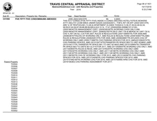 TRAVIS CENTRAL APPRAISAL DISTRICT
Abstract/Subdivison List - with Remarks and Properties 10/17/2016
Year: 2016 6:33:21AM
RPA4135 - A1
Lots AcresSub ID Description / Property Ids / Remarks Year Deed Number
C01066 FIVE FIFTY FIVE CONDOMINIUMS AMENDED 2006 2004145510TR 99 0.0000
THIS IS A "CONDO (FIVE FIFTY FIVE) INSIDE A CONDO (NECHES HOTEL)"/STEVE BOWERS
ATTY 458-2151 (COM AREA UNDER 525245 (0204042001) - THE% INT ON AFF (2004145513TR)
ARE % OF PENTHOUSE (13.48) & APARTMENT (9.2)SEE 703504,6-13,36-37,39-44,48-52,54,
56-59,61-62,64-67,69-86,88-99,600-4,6-8,12-14, 17-41 (204042006-2099&2101-2105);
(2005186342TR) MANAGEMENT CERT; (2005038328TR) WORDING CHGS ONLY/JAB;
(2005186342TR) MANAGEMENT CERT; 2006052782TR DELE UNIT 729 & MERGE W/ UNIT 730 &
CHG % INT ON ALL C/A FOR 2007; RULES & REGULATIONS (2007148955TR) FOR 2008;AMD
(2008038757TR)CHG OF WORDING ONLY, AMD RULES & REGUALTIONS (2008164857TR),AMD
RULES & REGULATIONS (2008202913TR) FOR 2009; AMD (2009028891TR) BYLAWS CHG OF
WORDING ONLY,AMD (2009171888TR) CHG PARKING SPACES FOR 2010; AMD(2010062074TR)
CHG PARKING SPACES, AMD (2010154716TR)TRANSFER PK SPACE B05 TO UNIT 923&921,AMD
(2010154717TR) TRANSFER PK SPACE B91 TO UNIT 921&923,AMD (2010155664TR) TRANSFER
PK SPACE B03 TO UNITS 801 & 2719 FOR 2011; AMD 2011040854TR) WORDING CHG ONLY, AMD
(2011040855TR) RULES & REGS, AMD (2011076429TR) WORDING CHG ONLY,AMD
(2011076430TR) WORDING CHG ONLY, AMD (2011126186TR) WORDING CHG ONLY,AMD
(2011126187TR) WORDING CHG ONLY, AMD (2011126188TR) WORDING CHG ONLY, AMD
(2011186765TR) CHG OF WORDING ONLY FOR 2012; AMD (2013124058TR) CHG PARKING
SPACES FOR 2014; AMD (2013124058TR) CHG PARKING SPACES FOR 2014; AMD
(2015101662-64TR) WORDING CHG FOR 2016; AMD (2015193699) WRD CHG FOR 2016; AMD
(2016106383) CHG PARKING ASSIGNMENT FOR 2017;Parent Property
703504
703506
703507
703508
703509
703510
703511
703512
703513
703536
703537
703539
703540
703541
703542
703543
703544
703548
703549
703550
703551
703552
Page 98 of 1831
 