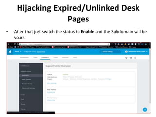 • After that just switch the status to Enable and the Subdomain will be
yours
Hijacking Expired/Unlinked Desk
Pages
 