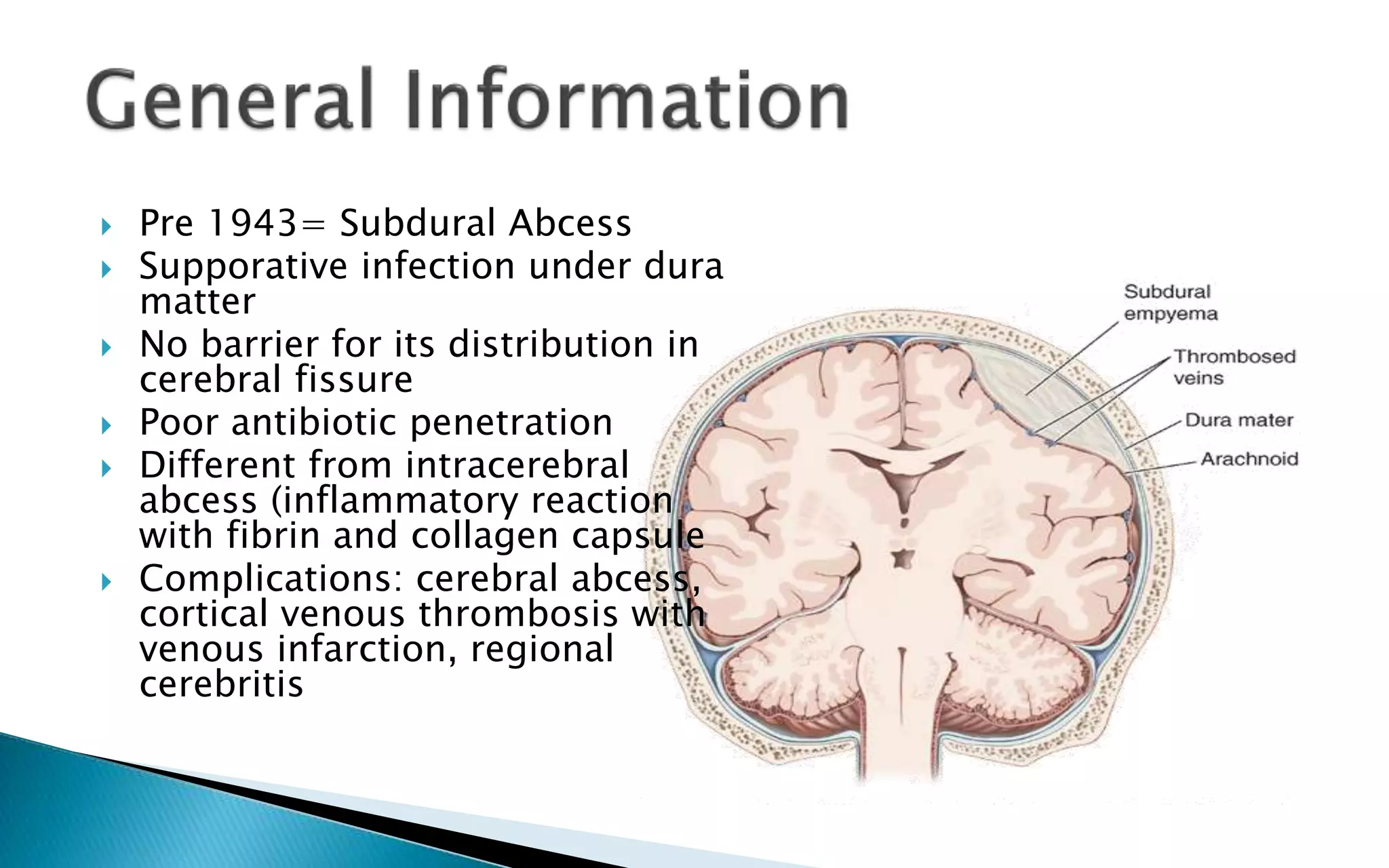  Pre 1943= Subdural Abcess
Supporative infection under dura
matter
No barrier for its distribution in
cerebral fissure
Poor antibiotic penetration
Different from intracerebral
abcess (inflammatory reaction
with fibrin and collagen capsule
Complications: cerebral abcess,
cortical venous thrombosis with
venous infarction, regional
cerebritis