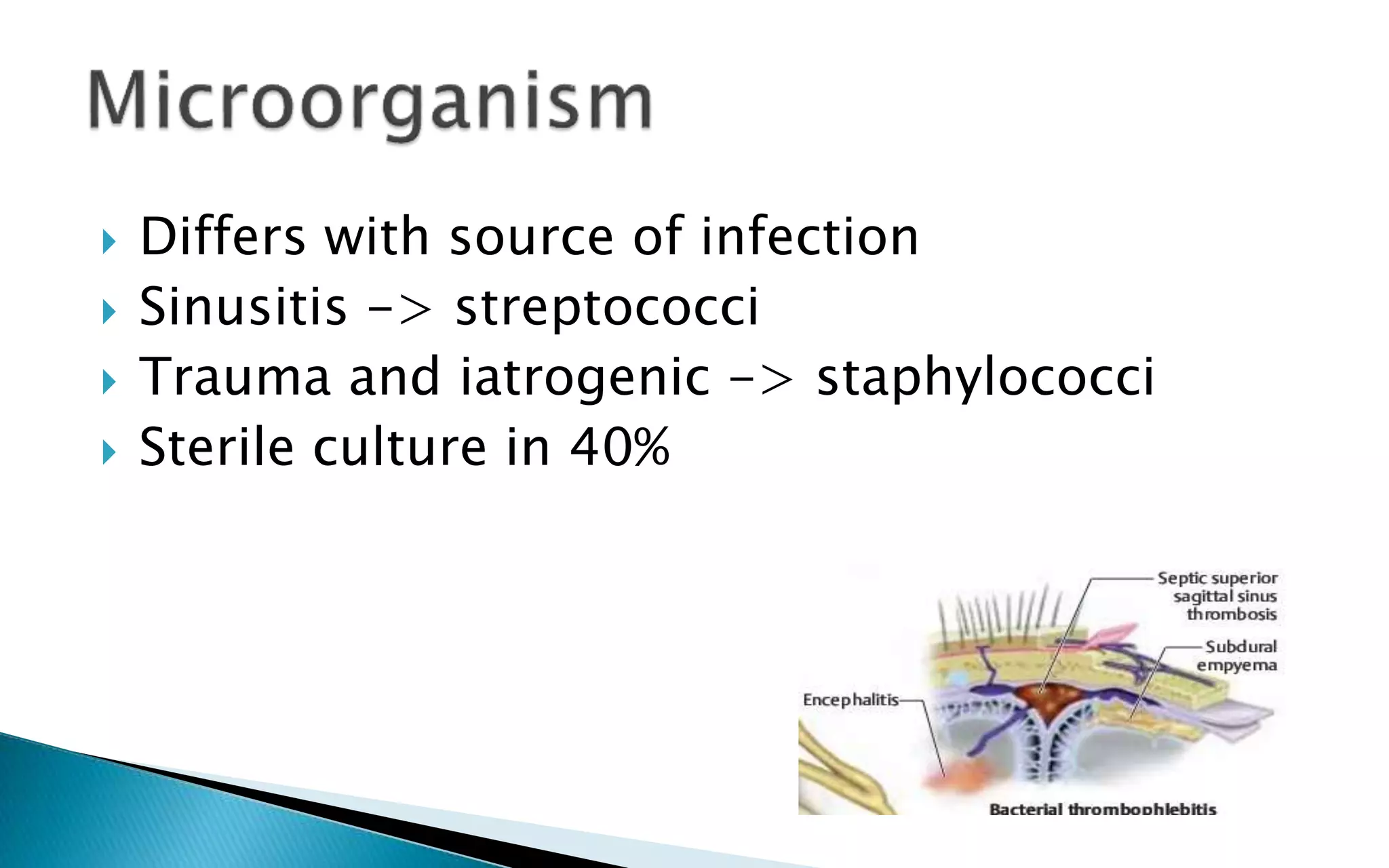  Differs with source of infection
Sinusitis -> streptococci
Trauma and iatrogenic -> staphylococci
Sterile culture in 40%