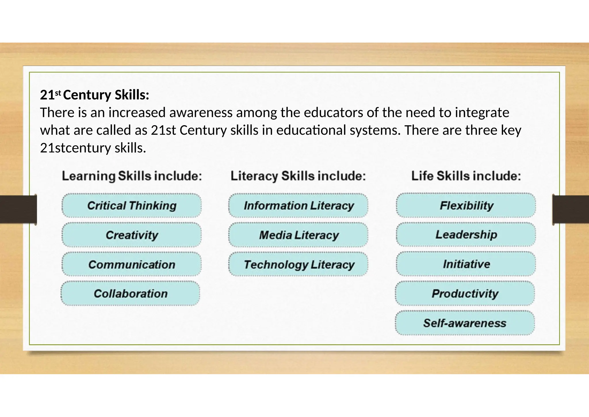 21st Century Skills:
There is an increased awareness among the educators of the need to integrate
what are called as 21st Century skills in educational systems. There are three key
21stcentury skills.
 