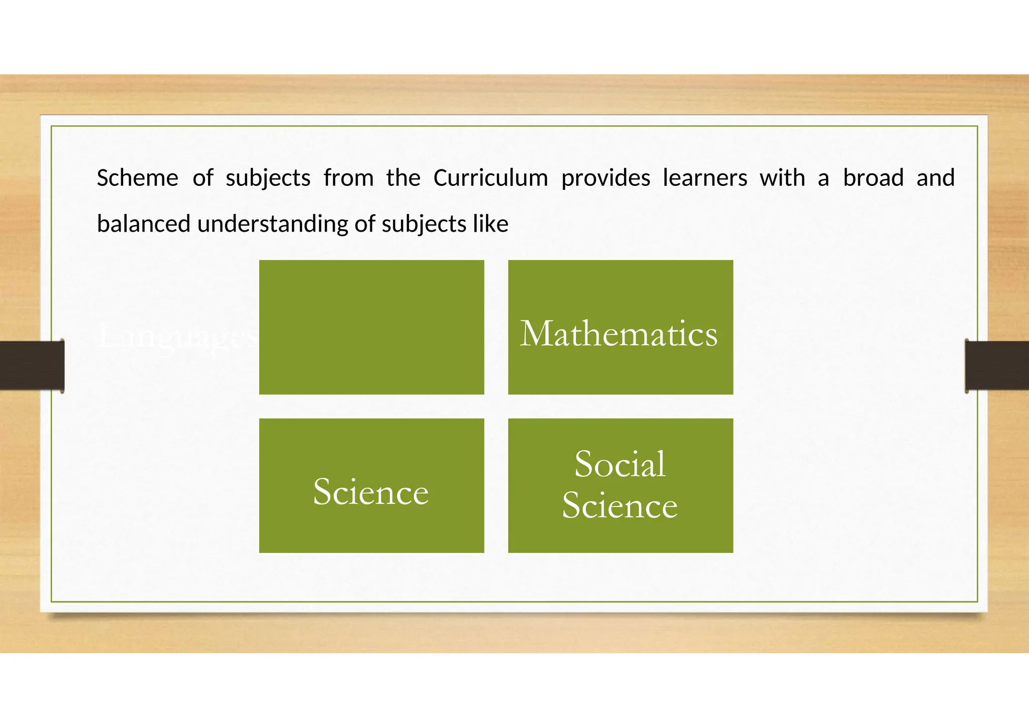 Mathematics
Science
balanced understanding of subjects like
Languages
Social
Science
Scheme of subjects from the Curriculum provides learners with a broad and
 