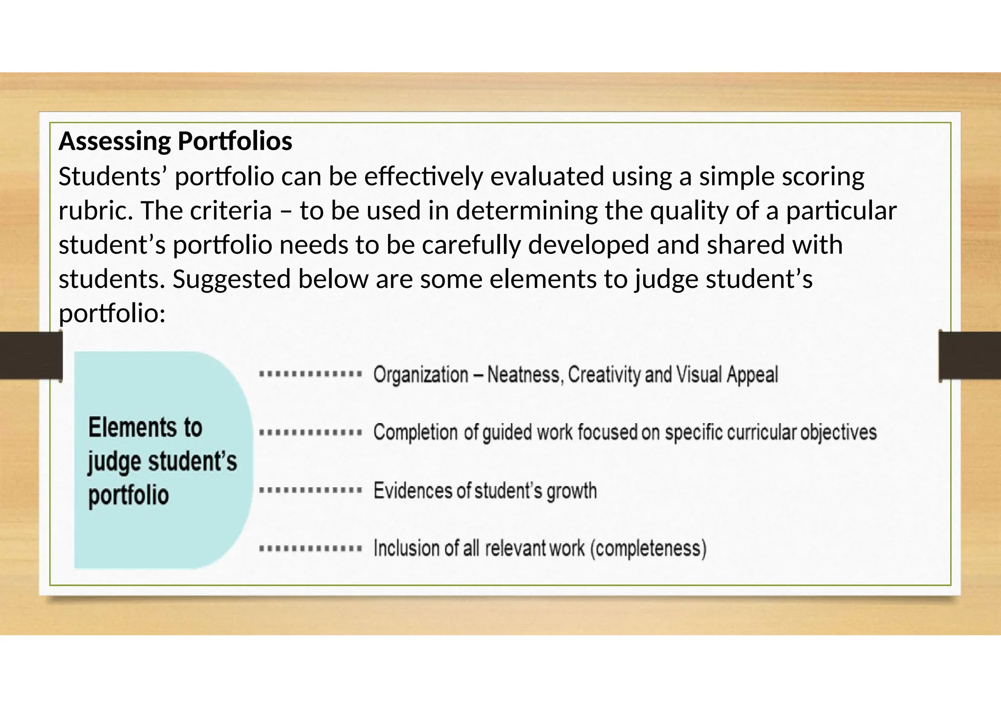 Assessing Portfolios
Students’ portfolio can be effectively evaluated using a simple scoring
rubric. The criteria – to be used in determining the quality of a particular
student’s portfolio needs to be carefully developed and shared with
students. Suggested below are some elements to judge student’s
portfolio:
 