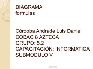 DIAGRAMA
formulas


Córdoba Andrade Luis Daniel
COBAQ 8 AZTECA
GRUPO: 5.2
CAPACITACIÓN: INFORMATICA
SUBMODULO V

            22/08/2012
 