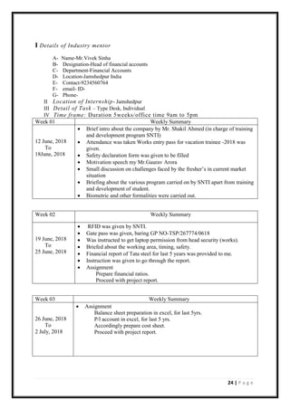 24 | P a g e
I Details of Industry mentor
A- Name-Mr.Vivek Sinha
B- Designation-Head of financial accounts
C- Department-Financial Accounts
D- Location-Jamshedpur India
E- Contact-9234560764
F- email- ID-
G- Phone-
II Location of Internship- Jamshedpur
III Detail of Task – Type Desk, Individual
IV Time frame: Duration 5weeks/office time 9am to 5pm
Week 01 Weekly Summary
12 June, 2018
To
18June, 2018
• Brief intro about the company by Mr. Shakil Ahmed (in charge of training
and development program SNTI)
• Attendance was taken Works entry pass for vacation trainee -2018 was
given.
• Safety declaration form was given to be filled
• Motivation speech my Mr.Gaurav Arora
• Small discussion on challenges faced by the fresher’s in current market
situation
• Briefing about the various program carried on by SNTI apart from training
and development of student.
• Biometric and other formalities were carried out.
Week 02 Weekly Summary
19 June, 2018
To
25 June, 2018
• RFID was given by SNTI.
• Gate pass was given, baring GP NO-TSP/267774/0618
• Was instructed to get laptop permission from head security (works).
• Briefed about the working area, timing, safety.
• Financial report of Tata steel for last 5 years was provided to me.
• Instruction was given to go through the report.
• Assignment
Prepare financial ratios.
Proceed with project report.
Week 03 Weekly Summary
26 June, 2018
To
2 July, 2018
• Assignment
Balance sheet preparation in excel, for last 5yrs.
P/l account in excel, for last 5 yrs.
Accordingly prepare cost sheet.
Proceed with project report.
 