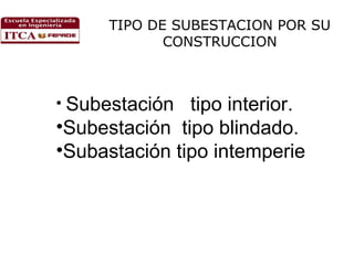 TIPO DE SUBESTACION POR SU
CONSTRUCCION

• Subestación

tipo interior.
•Subestación tipo blindado.
•Subastación tipo intemperie

 