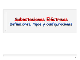 1
Subestaciones EléctricasSubestaciones Eléctricas
Definiciones, tipos y configuracionesDefiniciones, tipos y configuraciones
 