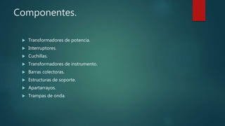 Componentes.
 Transformadores de potencia.
 Interruptores.
 Cuchillas.
 Transformadores de instrumento.
 Barras colectoras.
 Estructuras de soporte.
 Apartarrayos.
 Trampas de onda.
 