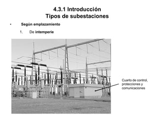 4.3.1 Introducción
Tipos de subestaciones
• Según emplazamiento
1. De intemperie
Cuarto de control,
protecciones y
comunicaciones
 