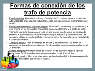 Formas de conexión de los
trafo de potencia
• Estrella-estrella. Aislamiento mínimo. Cantidad de Cu mínima. Neutros accesibles.
Alta capacidad entre espiras, reduciéndose los esfuerzos durante los transitorios de
tensión.
• Estrella-estrella con terciario en triángulo. Elimina el 3º armónico y las tensiones que
éste origina en los devanados principales. Aumenta el tamaño y el coste del trafo.
• Triángulo-triángulo. En caso de avería en una fase se puede seguir suministrando
potencia. Circuito eléctrico económico para cargas elevadas y bajas tensiones. Es
necesario utilizar un neutro artificial o banco de tierra. Se necesita mayor cantidad de
Cu y de aislamiento.
• Triángulo-estrella: Para elevadores de tensión y de distribución. Se aislan las
corrientes de tierra de secuencia cero. Se eliminan las tensiones ocasionadas por el
3º armónico.
• Estrella-triángulo: Para reductoras de tensión. No se puede conectar a tierra el
secundario. Se eliminan las tensiones provocadas por el 3º armónico.
• Autotransformador. Menor tamaño. Mayor probabilidad de fallos. Las conexiones de
primario y secundario deben de ser iguales
 