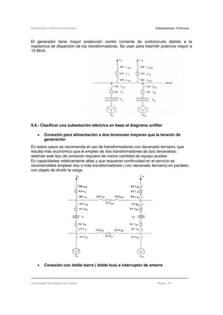 Electricidad y Electrónica Industrial Subestaciones Eléctricas
Universidad Tecnológica de Puebla Página 10
El generador tiene mayor protección contra corriente de cortocircuito debido a la
reactancia de dispersión de los transformadores. Se usan para trasmitir potencia mayor a
15 MVA.
II.4.- Clasificar una subestación eléctrica en base al diagrama unifilar
• Conexión para alimentación a dos tensiones mayores que la tensión de
generación
En estos casos se recomienda el uso de transformadores con devanado terciario, que
resulta más económico que el empleo de dos transformadores de dos devanados ;
además este tipo de conexión requiere de menor cantidad de equipo auxiliar.
En capacidades relativamente altas y que requieran continuidad en el servicio es
recomendable emplear dos o más transformadores ( con devanado terciario) en paralelo,
con objeto de dividir la carga.
• Conexión con doble barra ( doble bus) e interruptor de amarre
 