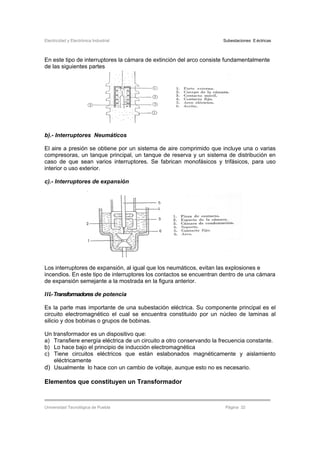 Electricidad y Electrónica Industrial Subestaciones Eléctricas
Universidad Tecnológica de Puebla Página 32
En este tipo de interruptores la cámara de extinción del arco consiste fundamentalmente
de las siguientes partes
b).- Interruptores Neumáticos
El aire a presión se obtiene por un sistema de aire comprimido que incluye una o varias
compresoras, un tanque principal, un tanque de reserva y un sistema de distribución en
caso de que sean varios interruptores. Se fabrican monofásicos y trifásicos, para uso
interior o uso exterior.
c).- Interruptores de expansión
Los interruptores de expansión, al igual que los neumáticos, evitan las explosiones e
incendios. En este tipo de interruptores los contactos se encuentran dentro de una cámara
de expansión semejante a la mostrada en la figura anterior.
III.-Transformadores de potencia
Es la parte mas importante de una subestación eléctrica. Su componente principal es el
circuito electromagnético el cual se encuentra constituido por un núcleo de laminas al
silicio y dos bobinas o grupos de bobinas.
Un transformador es un dispositivo que:
a) Transfiere energía eléctrica de un circuito a otro conservando la frecuencia constante.
b) Lo hace bajo el principio de inducción electromagnética
c) Tiene circuitos eléctricos que están eslabonados magnéticamente y aislamiento
eléctricamente
d) Usualmente lo hace con un cambio de voltaje, aunque esto no es necesario.
Elementos que constituyen un Transformador
 