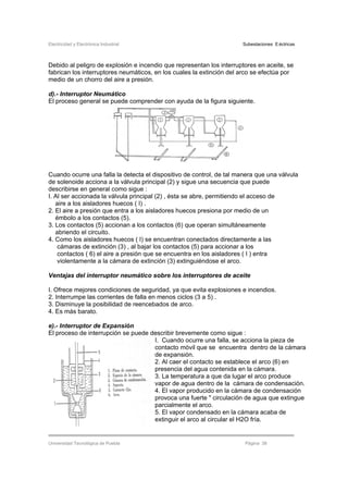 Electricidad y Electrónica Industrial Subestaciones Eléctricas
Universidad Tecnológica de Puebla Página 38
Debido al peligro de explosión e incendio que representan los interruptores en aceite, se
fabrican los interruptores neumáticos, en los cuales la extinción del arco se efectúa por
medio de un chorro del aire a presión.
d).- Interruptor Neumático
El proceso general se puede comprender con ayuda de la figura siguiente.
Cuando ocurre una falla la detecta el dispositivo de control, de tal manera que una válvula
de solenoide acciona a la válvula principal (2) y sigue una secuencia que puede
describirse en general como sigue :
I. Al ser accionada la válvula principal (2) , ésta se abre, permitiendo el acceso de
aire a los aisladores huecos ( I) .
2. El aire a presión que entra a los aisladores huecos presiona por medio de un
émbolo a los contactos (5).
3. Los contactos (5) accionan a los contactos (6) que operan simultáneamente
abriendo el circuito.
4. Como los aisladores huecos ( I) se encuentran conectados directamente a las
cámaras de extinción (3) , al bajar los contactos (5) para accionar a los
contactos ( 6) el aire a presión que se encuentra en los aisladores ( I ) entra
violentamente a la cámara de extinción (3) extinguiéndose el arco.
Ventajas del interruptor neumático sobre los interruptores de aceite
I. Ofrece mejores condiciones de seguridad, ya que evita explosiones e incendios.
2. Interrumpe las corrientes de falla en menos ciclos (3 a 5) .
3. Disminuye la posibilidad de reencebados de arco.
4. Es más barato.
e).- Interruptor de Expansión
El proceso de interrupción se puede describir brevemente como sigue :
I. Cuando ocurre una falla, se acciona la pieza de
contacto móvil que se encuentra dentro de la cámara
de expansión.
2. Al caer el contacto se establece el arco (6) en
presencia del agua contenida en la cámara.
3. La temperatura a que da lugar el arco produce
vapor de agua dentro de la cámara de condensación.
4. El vapor producido en la cámara de condensación
provoca una fuerte " circulación de agua que extingue
parcialmente el arco.
5. El vapor condensado en la cámara acaba de
extinguir el arco al circular el H2O fría.
 