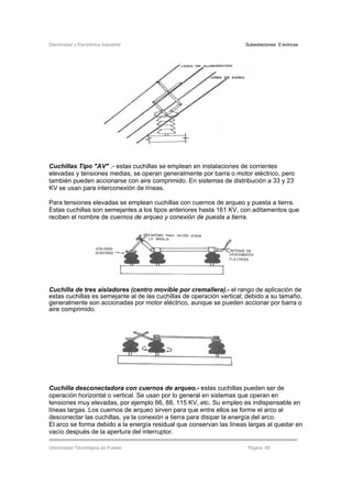 Electricidad y Electrónica Industrial Subestaciones Eléctricas
Universidad Tecnológica de Puebla Página 45
Cuchillas Tipo "AV" .- estas cuchillas se emplean en instalaciones de corrientes
elevadas y tensiones medias; se operan generalmente por barra o motor eléctrico, pero
también pueden accionarse con aire comprimido. En sistemas de distribución a 33 y 23
KV se usan para interconexión de líneas.
Para tensiones elevadas se emplean cuchillas con cuernos de arqueo y puesta a tierra.
Estas cuchillas son semejantes a los tipos anteriores hasta 161 KV, con aditamentos que
reciben el nombre de cuernos de arqueo y conexión de puesta a tierra.
Cuchilla de tres aisladores (centro movible por cremallera).- el rango de aplicación de
estas cuchillas es semejante al de las cuchillas de operación vertical; debido a su tamaño,
generalmente son accionadas por motor eléctrico, aunque se pueden accionar por barra o
aire comprimido.
Cuchilla desconectadora con cuernos de arqueo.- estas cuchillas pueden ser de
operación horizontal o vertical. Se usan por lo general en sistemas que operan en
tensiones muy elevadas, por ejemplo 66, 88, 115 KV, etc. Su empleo es indispensable en
líneas largas. Los cuernos de arqueo sirven para que entre ellos se forme el arco al
desconectar las cuchillas, ya la conexión a tierra para disipar la energía del arco.
El arco se forma debido a la energía residual que conservan las líneas largas al quedar en
vacío después de la apertura del interruptor.
 