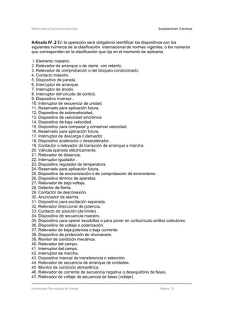 Electricidad y Electrónica Industrial Subestaciones Eléctricas
Universidad Tecnológica de Puebla Página 72
Artículo IV .2 En la operación será obligatorio identificar los dispositivos con los
siguientes números de la clasificación internacional de normas vigentes, o los números
que corresponden en la clasificación que rija en el momento de aplicarse
I. Elemento maestro.
2. Relevador de arranque o de cierre. con retardo.
3. Relevador de comprobación o del bloqueo condicionado.
4. Contacto maestro.
5. Dispositivo de parada.
6. Interruptor de arranque.
7. Interruptor de ánodo.
8. Interruptor del circuito de control.
9. Dispositivo inversor .
10. Interruptor de secuencia de unidad.
11. Reservado para aplicación futura.
12. Dispositivo de sobrevelocidad.
13. Dispositivo de velocidad sincrónica
14. Dispositivo de baja velocidad.
15. Dispositivo para comparar y conservar velocidad.
16. Reservado para aplicación futura.
17. Interruptor de descarga o derivador .
18. Dispositivo acelerador o desacelerador .
19. Contactor o relevador de transición de arranque a marcha.
20. Válvula operada eléctricamente.
21. Relevador de distancia.
22. Interruptor igualador .
23. Dispositivo regulador de temperatura.
24. Reservado para aplicación futura.
25. Dispositivo de sincronización o de comprobación de sincronismo.
26. Dispositivo térmico de aparatos.
27. Relevador de bajo voltaje.
28. Detector de flama.
29. Contactor de desconexión.
30. Anunciador de alarma.
31. Dispositivo para excitación separada.
32. Relevador direccional de potencia.
33. Contacto de posición (de límite) .
34. Dispositivo de secuencia maestro.
35. Dispositivo para operar escobillas o para poner en cortocircuito anillos colectores.
36. Dispositivo de voltaje o polarización.
37. Relevador de baja potencia o baja corriente.
38. Dispositivo de protección de chumacera.
39. Monitor de condición mecánica.
40. Relevador del campo.
41. Interruptor del campo.
42. Interruptor de marcha.
43. Dispositivo manual de transferencia o selección.
44. Relevador de secuencia de arranque de unidades.
45 Monitor de condición atmosférica.
46. Relevador de corriente de secuencia negativa o desequilibrio de fases.
47. Relevador de voltaje de secuencia de fases (voltaje)
 