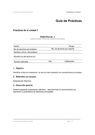 Electricidad y Electrónica Industrial Subestaciones Eléctricas
Universidad Tecnológica de Puebla Página 74
Guía de Prácticas
Prácticas de la unidad 1
PRÁCTICA No. 1
IDENTIFICAR TIPOS DE SUBESTACIONES
Fecha Grupo
No de alumnos por práctica No. de alumnos por reporte
Nombre y firma del profesor
Nombre (s) del alumno (s)
Tiempo estimado Hrs Calificación
1. Objetivo.
Identificar el tipo de subestación de que se trate resaltando sus características principales
2. Materiales y/o equipos.
Subestación Eléctrica
3. Desarrollo general.
Dada la siguiente subestación eléctrica , describa todo lo concerniente a su
operación y parámetros de eléctricos principales
 