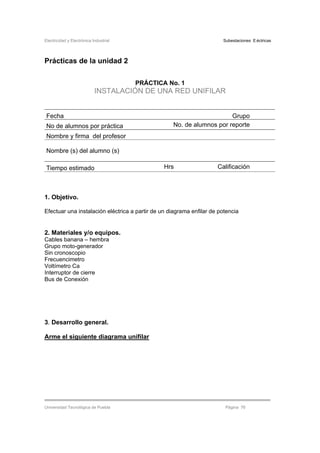 Electricidad y Electrónica Industrial Subestaciones Eléctricas
Universidad Tecnológica de Puebla Página 76
Prácticas de la unidad 2
PRÁCTICA No. 1
INSTALACIÓN DE UNA RED UNIFILAR
Fecha Grupo
No de alumnos por práctica No. de alumnos por reporte
Nombre y firma del profesor
Nombre (s) del alumno (s)
Tiempo estimado Hrs Calificación
1. Objetivo.
Efectuar una instalación eléctrica a partir de un diagrama enfilar de potencia
2. Materiales y/o equipos.
Cables banana – hembra
Grupo moto-generador
Sin cronoscopio
Frecuencimetro
Voltímetro Ca
Interruptor de cierre
Bus de Conexión
3. Desarrollo general.
Arme el siguiente diagrama unifilar
 