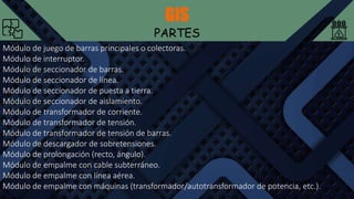 GIS
PARTES
Módulo de juego de barras principales o colectoras.
Módulo de interruptor.
Módulo de seccionador de barras.
Módulo de seccionador de línea.
Módulo de seccionador de puesta a tierra.
Módulo de seccionador de aislamiento.
Módulo de transformador de corriente.
Módulo de transformador de tensión.
Módulo de transformador de tensión de barras.
Módulo de descargador de sobretensiones.
Módulo de prolongación (recto, ángulo).
Módulo de empalme con cable subterráneo.
Módulo de empalme con línea aérea.
Módulo de empalme con máquinas (transformador/autotransformador de potencia, etc.).
 