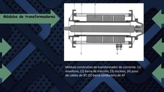 Módulo construtivo de transformador de corriente. (1)
envoltura, (2) barra de tracción, (3) núcleos, (4) paso
de cables de BT, (5) barra conductora de AT
Módulos de transformadores
 