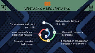 GIS
VENTAJAS Y DESVENTAJAS
1
Reducción del tamaño y
del costo
2
3
4
Operación segura y
silenciosa
Mejor operación en
ambientes hostiles
Reducido mantenimiento
preventivo
Facilidad de construcción
abrigada o subterránea
5
6
Ausencia de radio
interferencia
 