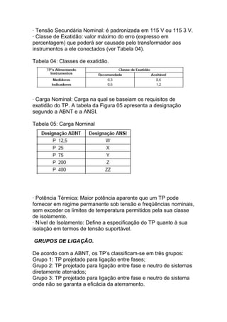 · Tensão Secundária Nominal: é padronizada em 115 V ou 115 3 V.
· Classe de Exatidão: valor máximo do erro (expresso em
percentagem) que poderá ser causado pelo transformador aos
instrumentos a ele conectados (ver Tabela 04).

Tabela 04: Classes de exatidão.




· Carga Nominal: Carga na qual se baseiam os requisitos de
exatidão do TP. A tabela da Figura 05 apresenta a designação
segundo a ABNT e a ANSI.

Tabela 05: Carga Nominal




· Potência Térmica: Maior potência aparente que um TP pode
fornecer em regime permanente sob tensão e freqüências nominais,
sem exceder os limites de temperatura permitidos pela sua classe
de isolamento.
· Nível de Isolamento: Define a especificação do TP quanto à sua
isolação em termos de tensão suportável.

GRUPOS DE LIGAÇÃO.

De acordo com a ABNT, os TP’s classificam-se em três grupos:
Grupo 1: TP projetado para ligação entre fases;
Grupo 2: TP projetado para ligação entre fase e neutro de sistemas
diretamente aterrados;
Grupo 3: TP projetado para ligação entre fase e neutro de sistema
onde não se garanta a eficácia da aterramento.
 