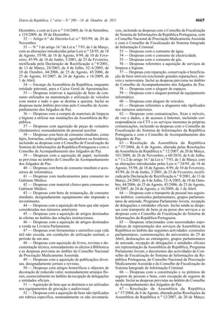 Diário da República, 1.ª série — N.º 200 — 18 de Outubro de 2011                                                     4665

Dezembro, e com as Leis n.os 110/2009, de 16 de Setembro,      veis, incluindo as despesas com o Conselho de Fiscalização
e 119/2009, de 30 de Dezembro.                                 do Sistema de Informações da República Portuguesa, com
   32 — Artigo 6.º do Decreto-Lei n.º 503/99, de 20 de         o Conselho Nacional de Procriação Medicamente Assistida
Novembro.                                                      e com o Conselho de Fiscalização do Sistema Integrado
   33 — N.º 3 do artigo 16.º da Lei n.º 7/93, de 1 de Março,   de Informação Criminal.
com as alterações introduzidas pelas Leis n.os 24/95, de 18       53 — Despesas com o consumo de água.
de Agosto, 55/98, de 18 de Agosto, 8/99, de 10 de Feve-           54 — Despesas com o consumo de electricidade.
reiro, 45/99, de 16 de Junho, 3/2001, de 23 de Fevereiro,         55 — Despesas com o consumo de gás.
rectificada pela Declaração de Rectificação n.º 9/2001,           56 — Despesas referentes a aquisição de serviços de
de 13 de Março, 24/2003, de 4 de Julho, 52-A/2005, de          limpeza e higiene.
10 de Outubro, 44/2006, de 25 de Agosto, 45/2006, de              57 — Despesas com reparação, conservação e beneficia-
25 de Agosto, 43/2007, de 24 de Agosto, e 16/2009, de          ção de bens imóveis (excluindo grandes reparações), mó-
1 de Abril.                                                    veis e semoventes. Inclui as despesas previstas no âmbito
   34 — Encargo da Assembleia da República, enquanto           do Conselho de Acompanhamento dos Julgados de Paz.
entidade patronal, para a Caixa Geral de Aposentações.            58 — Despesas com o aluguer de espaços.
   35 — Despesas relativas à aquisição de bens de con-            59 — Despesas com o aluguer pontual de equipamento
sumo utilizados na manutenção e utilização de veículos         informático.
com motor e tudo o que se destine a queima. Inclui as             60 — Despesas com aluguer de veículos.
despesas neste âmbito previstas pelo Conselho de Acom-            61 — Despesas referentes a alugueres não tipificados
panhamento dos Julgados de Paz.                                nos números anteriores.
   36 — Despesas com a compra de materiais de limpeza             62 — Despesas com comunicações, fixas e móveis,
e higiene a utilizar nas instalações da Assembleia da Re-      de voz e dados, e de acessos à Internet, incluindo cor-
pública.                                                       respondência via CTT e os serviços inerentes às próprias
   37 — Despesas com aquisição de peças de vestuário           comunicações, incluindo as despesas com o Conselho de
(fardamento), nomeadamente do pessoal auxiliar.                Fiscalização do Sistema de Informações da República
   38 — Despesas com bens de consumo imediato, como            Portuguesa e com o Conselho de Acompanhamento dos
lápis, borrachas, esferográficas, agrafadores ou furadores,    Julgados de Paz.
incluindo as despesas com o Conselho de Fiscalização do           63 — Resolução da Assembleia da República
Sistema de Informações da República Portuguesa e com o         n.os 57/2004, de 6 de Agosto, alterada pelas Resoluções
Conselho de Acompanhamento dos Julgados de Paz.                da Assembleia da República n.os 12/2007, de 20 de Março,
   39 — Despesas com a aquisição de papel, incluindo           101/2009, de 26 de Novembro, e 60/2010, de 6 de Julho,
as previstas no âmbito do Conselho de Acompanhamento           n.os 1 e 2 do artigo 16.º da Lei n.º 7/93, de 1 de Março, com
dos Julgados de Paz.                                           as alterações introduzidas pelas Leis n.os 24/95, de 18 de
   40 — Despesas com bens de consumo imediato e aces-          Agosto, 55/98, de 18 de Agosto, 8/99, de 10 de Fevereiro,
sórios de informática.                                         45/99, de 16 de Junho, 3/2001, de 23 de Fevereiro, rectifi-
   41 — Despesas com medicamentos para consumo no              cada pela Declaração de Rectificação n.º 9/2001, de 13 de
Gabinete Médico.                                               Março, 24/2003, de 4 de Julho, 52-A/2005, de 10 de Outu-
   42 — Despesas com material clínico para consumo no          bro, 44/2006, de 25 de Agosto, 45/2006, de 25 de Agosto,
Gabinete Médico.                                               43/2007, de 24 de Agosto, e 16/2009, de 1 de Abril.
   43 — Despesas com bens de restauração, de consumo              64 — Despesas com o transporte de pessoal nos seguin-
imediato, designadamente equipamento não imputado a            tes âmbitos: comissões parlamentares, grupos parlamen-
investimento.                                                  tares de amizade, Programa Parlamento Jovem, recepção
   44 — Despesas com a aquisição de bens que não sejam         de delegações e entidades oficiais. Inclui ainda as despe-
consideradas nos números anteriores.                           sas com transporte de bens já na posse dos serviços e as
   45 — Despesas com a aquisição de artigos destinados         despesas com o Conselho de Fiscalização do Sistema de
às ofertas no âmbito das relações institucionais.              Informações da República Portuguesa.
   46 — Despesas com a aquisição de artigos destinados            65 — Despesas relacionadas com necessidades espo-
a venda na Livraria Parlamentar.                               rádicas de representação dos serviços da Assembleia da
   47 — Despesas com ferramentas e utensílios cuja vida        República no âmbito das seguintes actividades: comissões
útil não exceda, em condições de utilização normal, o          parlamentares, comemorações do aniversário do 25 de
período de um ano.                                             Abril, deslocações ao estrangeiro, grupos parlamentares
   48 — Despesas com aquisição de livros, revistas e do-       de amizade, recepção de delegações e entidades oficiais
cumentação técnica, nomeadamente os afectos à Biblioteca       em representação da Assembleia da República, Programa
e as despesas previstas no âmbito do Conselho Nacional         Parlamento Jovem, e decorrentes das actividades do Con-
de Procriação Medicamente Assistida.                           selho de Fiscalização do Sistema de Informações da Re-
   49 — Despesas com a aquisição de publicações diver-         pública Portuguesa, do Conselho Nacional de Procriação
sas, designadamente jornais e revistas.                        Medicamente Assistida e do Conselho de Fiscalização do
   50 — Despesas com artigos honoríficos e objectos de         Sistema Integrado de Informação Criminal.
decoração de reduzido valor, nomeadamente arranjos flo-           66 — Despesas com a constituição e os prémios de
rais, essencialmente no âmbito da recepção de delegações       seguros de pessoas e bens, com excepção de seguros de
e entidades oficiais.                                          saúde. Inclui as despesas previstas no âmbito do Conselho
   51 — Aquisição de bens que se destinem a ser utilizados     de Acompanhamento dos Julgados de Paz.
nos equipamentos de gravação e audiovisual.                       67 — Resolução da Assembleia da República
   52 — Despesas com a aquisição de bens não tipificados       n.º 57/2004, de 6 de Agosto, alterada pelas Resoluções da
em rubrica específica, nomeadamente os não inventariá-         Assembleia da República n.os 12/2007, de 20 de Março,
 