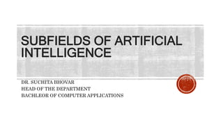 SUBFIELDS OF ARTIFICIAL
INTELLIGENCE
DR. SUCHITA BHOVAR
HEAD OF THE DEPARTMENT
BACHLEOR OF COMPUTER APPLICATIONS
 