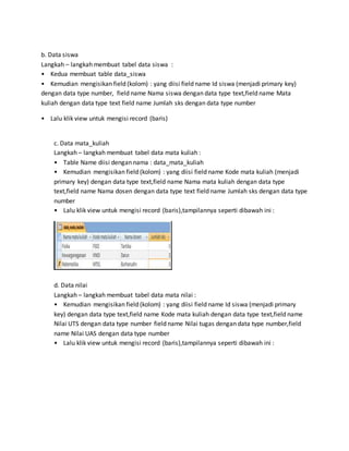 b. Data siswa
Langkah – langkah membuat tabel data siswa :
• Kedua membuat table data_siswa
• Kemudian mengisikan field (kolom) : yang diisi field name Id siswa (menjadi primary key)
dengan data type number, field name Nama siswa dengan data type text,field name Mata
kuliah dengan data type text field name Jumlah sks dengan data type number
• Lalu klik view untuk mengisi record (baris)
c. Data mata_kuliah
Langkah – langkah membuat tabel data mata kuliah :
• Table Name diisi dengan nama : data_mata_kuliah
• Kemudian mengisikan field (kolom) : yang diisi field name Kode mata kuliah (menjadi
primary key) dengan data type text,field name Nama mata kuliah dengan data type
text,field name Nama dosen dengan data type text field name Jumlah sks dengan data type
number
• Lalu klik view untuk mengisi record (baris),tampilannya seperti dibawah ini :
d. Data nilai
Langkah – langkah membuat tabel data mata nilai :
• Kemudian mengisikan field (kolom) : yang diisi field name Id siswa (menjadi primary
key) dengan data type text,field name Kode mata kuliah dengan data type text,field name
Nilai UTS dengan data type number field name Nilai tugas dengan data type number,field
name Nilai UAS dengan data type number
• Lalu klik view untuk mengisi record (baris),tampilannya seperti dibawah ini :
 